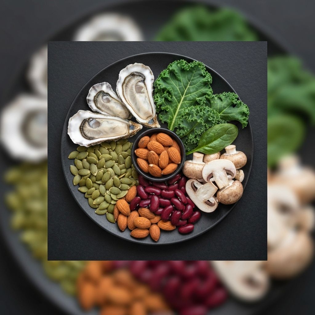 Mineral-rich foods: oysters, almonds, leafy greens, seeds, beans