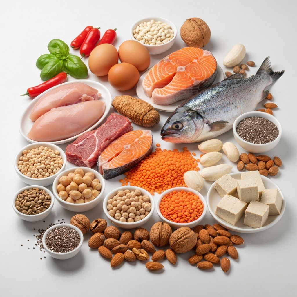 Diverse protein sources: meat, fish, eggs, legumes, nuts, seeds